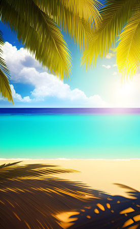 tropical beach with palm trees and blue sky. 3d renderの素材