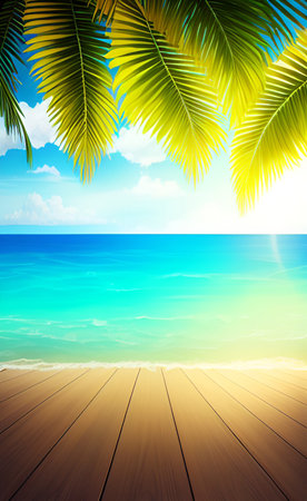 tropical beach with palm leaves and wooden floor - summer vacation backgroundの素材