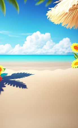 Tropical beach with palms and sunflowers. Vector illustration.の素材