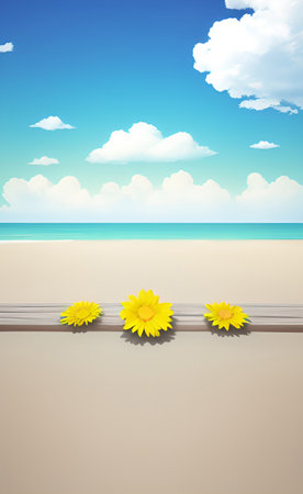 Sunflowers on the beach with blue sky. Vector illustration.の素材
