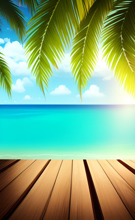 Wooden deck with palm leaves and sea background. EPS 10 vector file includedの素材