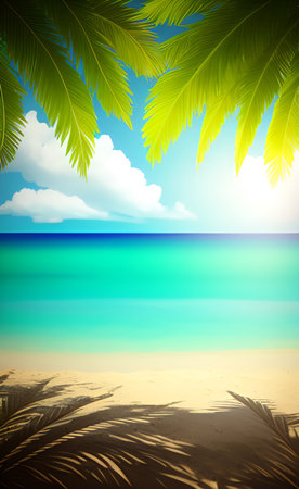 Tropical beach with palm leaves and blue sky. Vector illustration.の素材