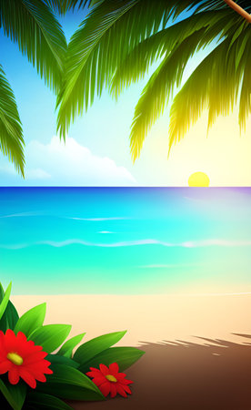 Tropical beach with palm leaves and flowers, vector illustration.の素材