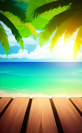 Wooden deck on tropical beach background. Vector illustration. EPS10の素材