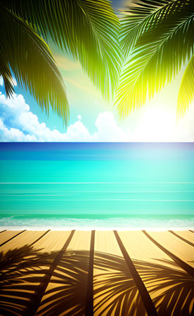 tropical beach with palm leaves and sun on a blue sky backgroundの素材