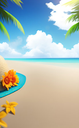 Straw hat with sunflower on the beach, 3d renderの素材
