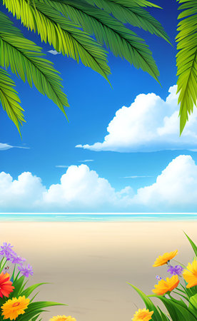 Tropical beach background with palm leaves and flowers. Vector illustration.の素材