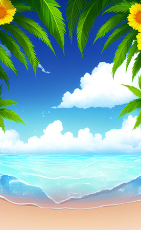 Summer beach background with palm leaves and sunflowers. Vector illustration.の素材