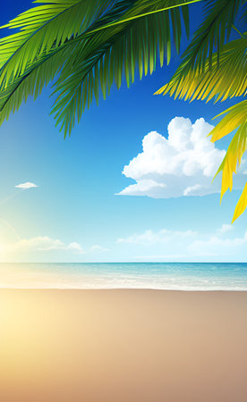 Tropical beach with palm leaves and sun. Vector illustration.の素材