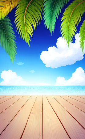 Wooden floor and palm tree on the beach. Vector illustration.の素材