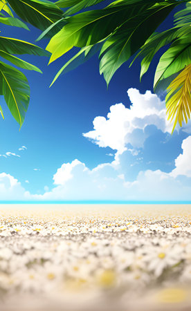 White daisies on the sandy beach and blue sky with cloudsの素材