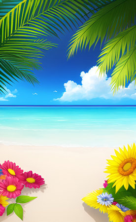 Summer tropical beach with sunflowers and palm leaves. Vector illustration.の素材