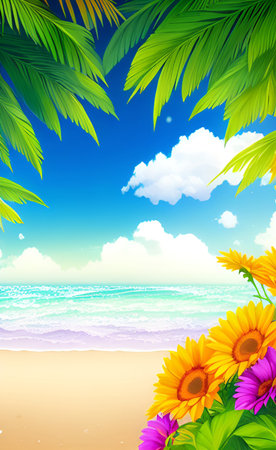 Illustration of summer beach background with sunflowers and palm leavesの素材