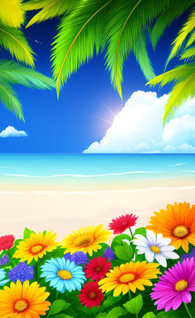 Summer background with flowers and palm leaves. EPS10 vector file includedの素材