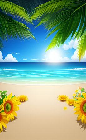 Summer background with sunflowers and palm leaves on the sandy beachの素材