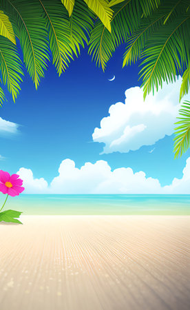 tropical beach with palm leaves and flowers. EPS 10 vector file includedの素材