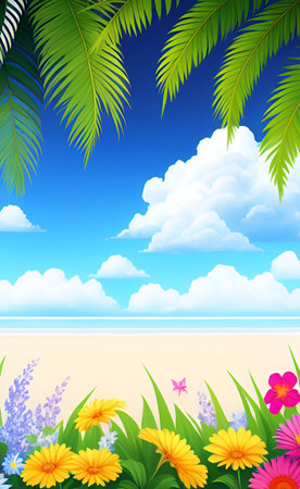 Summer background with palm leaves and flowers on the beach. Vector illustration.の素材