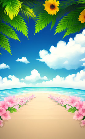 Beach background with flowers and palm leaves. Vector illustration EPS10の素材