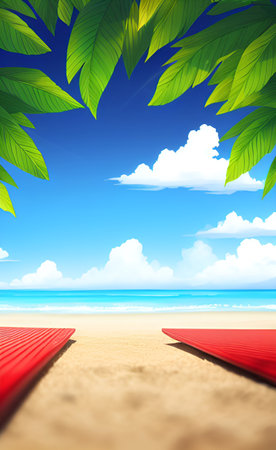 Tropical beach with blue sky and white clouds. Vector illustration.の素材
