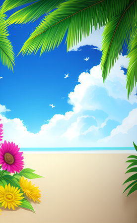 Summer background with palm leaves and flowers on the beach. Vector illustration.の素材