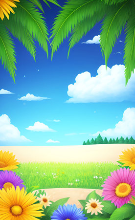 Summer background with sunflowers, grass and blue sky. Vector illustration.の素材
