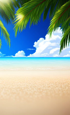 Palm leaves on sandy beach with blue sky and white clouds backgroundの素材