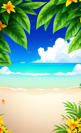 Tropical beach with palm leaves and flowers. Vector illustration.の素材