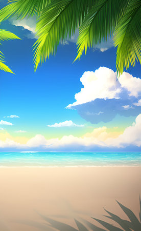 Tropical beach with palm leaves and blue sky. Vector illustration.の素材