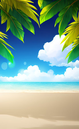 Tropical beach with palm trees and blue sky. Vector illustration.の素材