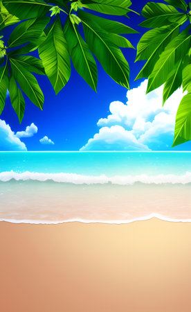 Beach background with tropical palm leaves and sea. Vector illustration.の素材