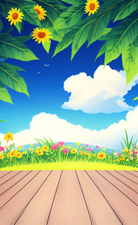 Illustration of wooden deck with sunflowers and green grass on blue sky backgroundの素材