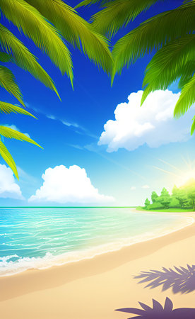 Tropical beach with palm trees and blue sky. Vector illustration.の素材