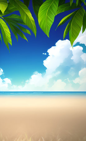tropical beach with palm leaves and blue sky background, vector illustrationの素材