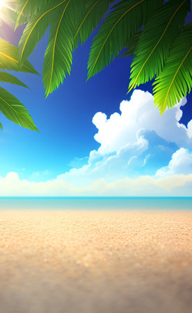 Beach with palm leaves and blue sky. 3d render.の素材