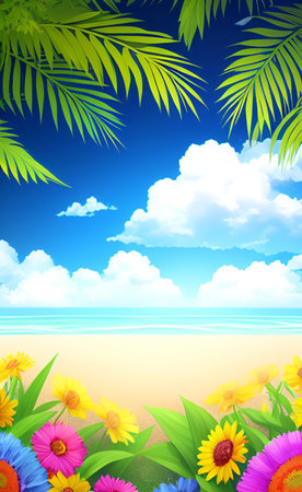 Summer background with palm leaves, flowers and sea. Vector illustration.の素材