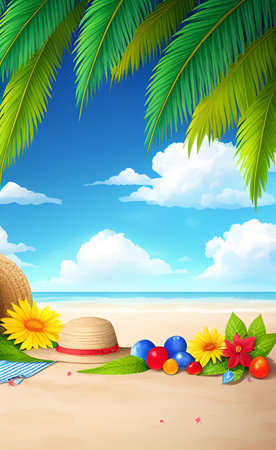 Summer beach background with palm leaves and sunflowers. Vector illustration.の素材