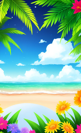 Summer beach background with palm leaves and flowers. Vector illustration. EPS10の素材