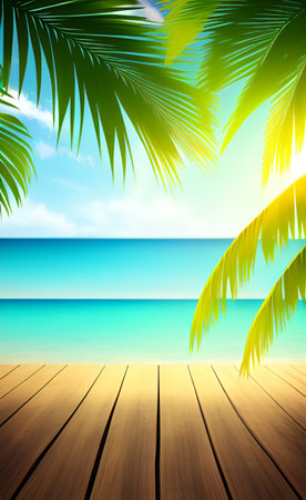 Wooden deck with palm leaves on the beach. Vector illustration.の素材