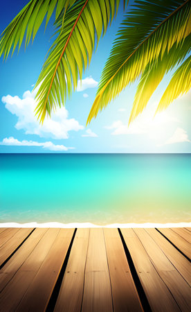 Tropical beach with palm leaves and wooden floor. Vector backgroundの素材