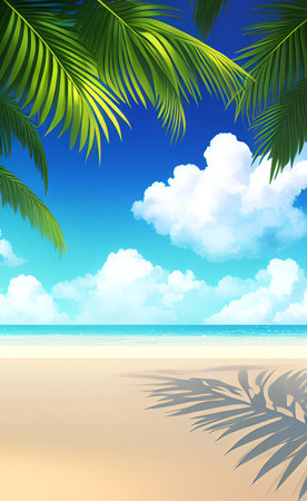 Beach background with palm leaves and blue sky. Vector illustration.の素材