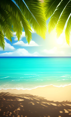 Tropical beach with palm leaves and sun. Vector illustration.の素材