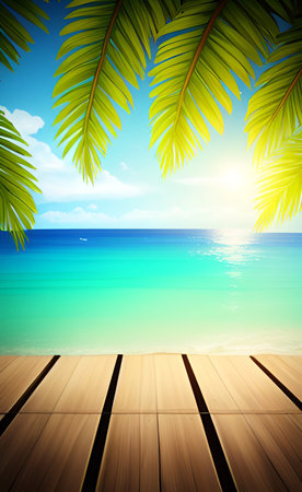Wooden deck on tropical beach with palm leaves. Vector illustration.の素材