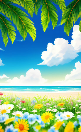 Summer background with tropical flowers and palm leaves. EPS 10 vector file includedの素材