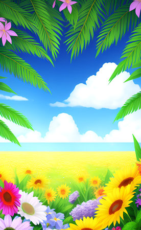 Summer background with flowers and palm leaves. EPS 10 vector file includedの素材