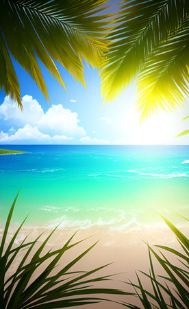Tropical beach with palm leaves. Nature background. Vector illustration.の素材