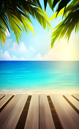 Wooden floor with sea and sky background. Summer vacation concept.の素材
