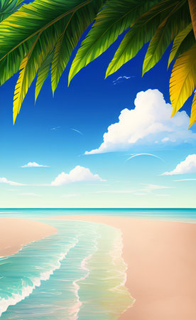 tropical beach with palm leaves and blue sky. Vector illustration.の素材
