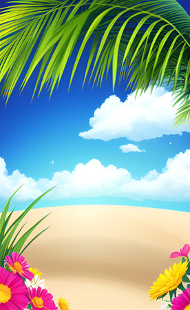 Summer beach background with palm leaves, flowers and clouds. Vector illustration.の素材
