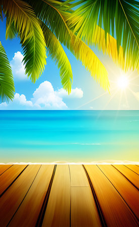 Tropical beach with palm leaves and wooden floor. Vector illustration.の素材