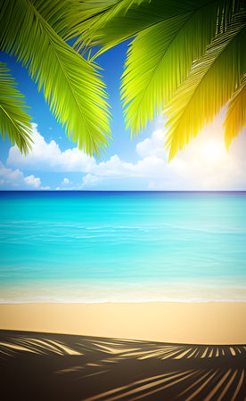 Tropical beach with palm leaves and sun on blue sky backgroundの素材